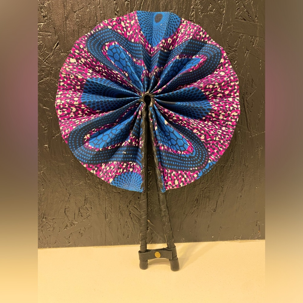 Vibrant African Print Handmade Fan Faux Leather Handles w/Button Closure Sturdy - Picture 5 of 8